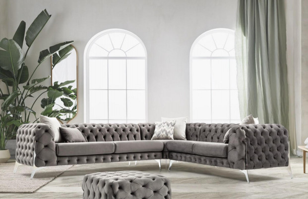 Canapé Chesterfield gris rembourré Ensemble de canapés en coin Suite Tapisserie Canapés d'angle de luxe neufs