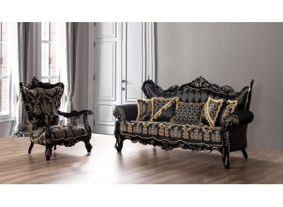 Ensemble de canapé 2 pièces pour le salon 3+1 places, canapé noir et fauteuil motif doré