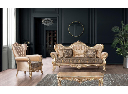 Ensemble de canapé Chesterfield en tissu pour meubles de style baroque rococo, table 3 pièces.
