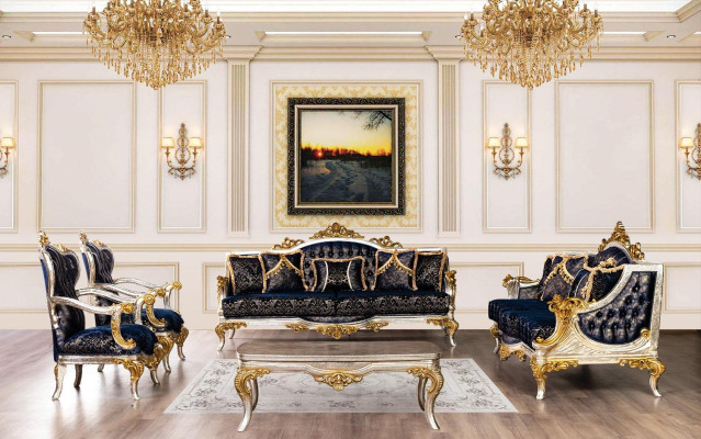 Fauteuil de luxe classique trône chaise baroque velours bleu or