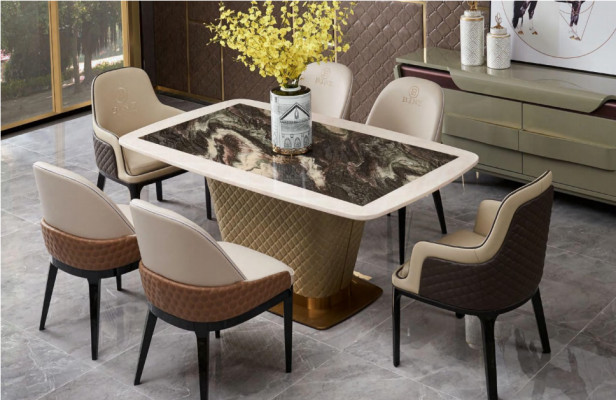 Table Salle à manger Ensemble Table à manger Chaise Set 7 pièces. Chaises de dos en cuir et acier inoxydable