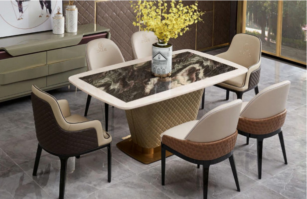 Table Salle à manger Ensemble Table à manger Chaise Set 7 pièces. Chaises de dos en cuir et acier inoxydable