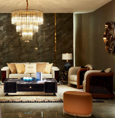 Trois canapés trois places en tissu, design de capitonnage, canapé moderne trois places, mobilier de salon de luxe.