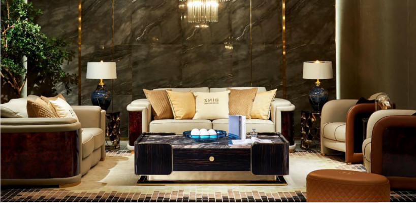 Trois canapés trois places en tissu, design de capitonnage, canapé moderne trois places, mobilier de salon de luxe.