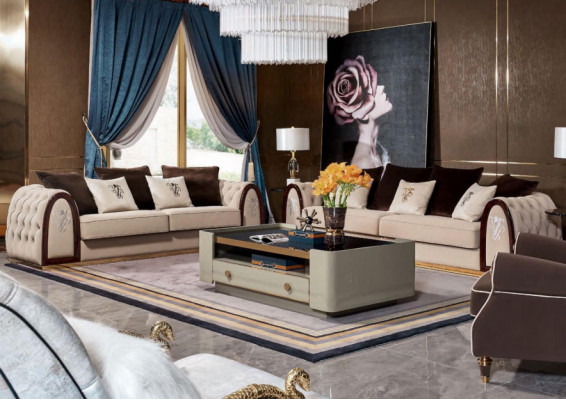 Canapé Chesterfield Beige Canapés Tissu Canapés Meubles de Luxe 4 Places 295cm