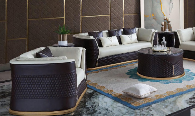 Trois canapés design à trois places revêtus de cuir canapés en cuir sofa en cuir.