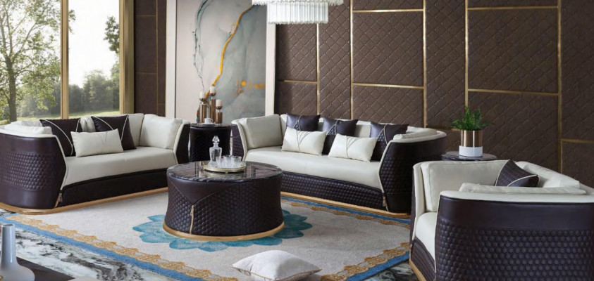 Trois canapés design à trois places revêtus de cuir canapés en cuir sofa en cuir.