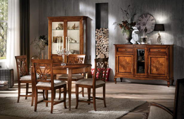 Salle à manger Ensemble Suite Chaises 4x Vitrine Groupe Ensemble de salle à manger Vitrines 7 pièces. Commode
