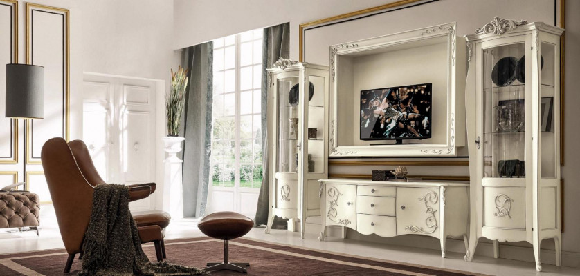 Ensemble de 4 pièces pour salon : meuble TV, vitrine TV, buffet, armoire, table de salon, mobilier en bois pour salon.