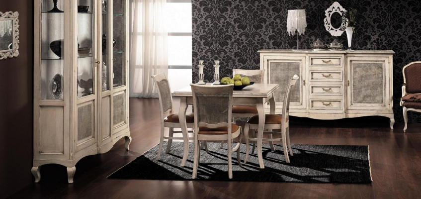 Suite Mobilier en bois Commode 4x Chaise Table Vitrine Nouveau Groupe Ensemble de salle à manger 7 pièces