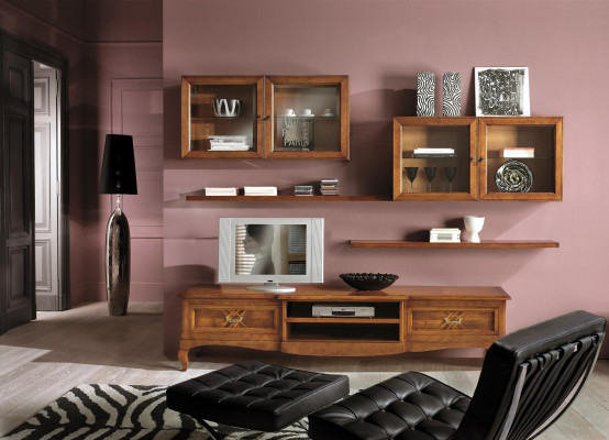 Ensemble de salon Vitrine Meuble TV Commode Table basse Commodes Armoire Bois neuf 7 pièces.