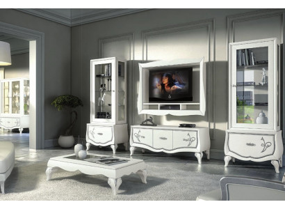 Suite TV cabinet composée de 4 pièces. Unité murale TV, meuble bas, vitrine, buffet, armoire. Nouveau design