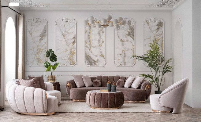 Ensemble de canapé de salon de luxe 3+3+1 siège demi-rond avec table 4 pièces.