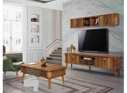Meuble TV Buffet Cuir Bois Table Télévision Armoire Bas 2 pièces. Ensemble neuf