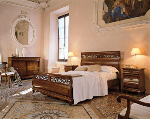 Set de chambre à coucher 4 pièces. Lit 2 tables de chevet Commode Bois massif Mobilier design