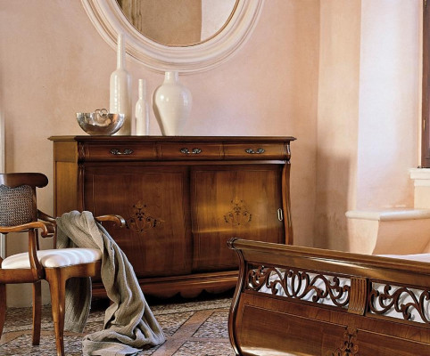 Set de chambre à coucher 4 pièces. Lit 2 tables de chevet Commode Bois massif Mobilier design