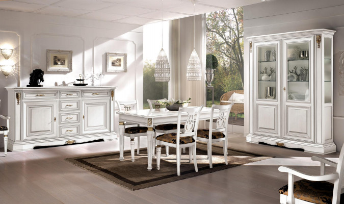 Salle à manger Table à manger Chaise Commode Vitrine Groupe Ensemble en bois Blanc 7 pièces neuf