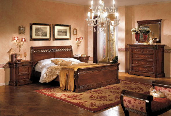Ensemble de 5 pièces de mobilier de chambre à coucher : lit 2 tables de chevet commode avec miroir marron neuf