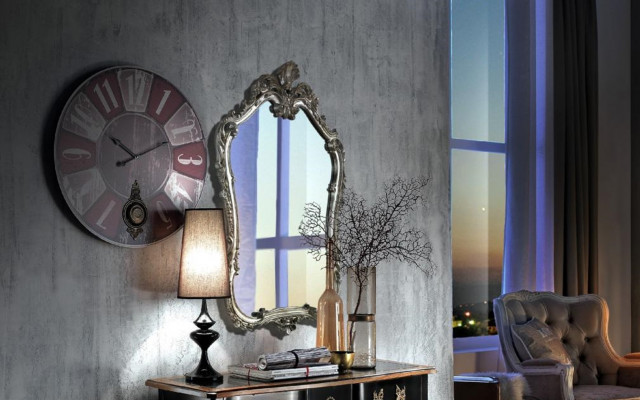 Miroir classique Miroir mural Design en bois Argent Salle de séjour Italie Meuble