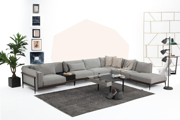 Canapé d'angle en L Canapé Gris Style Moderne Design en Tissu Salon Polyester XXL.
