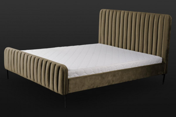 Chambre à coucher double verte, design de meubles en bois, tissu élégant, mobilier classique.