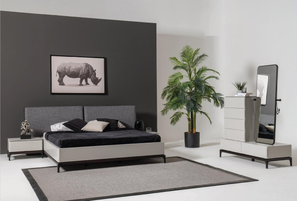 Ensemble de chambre de luxe moderne Lit + 2x Table de nuit Mobilier de chambre d'hôtel Lits Loft