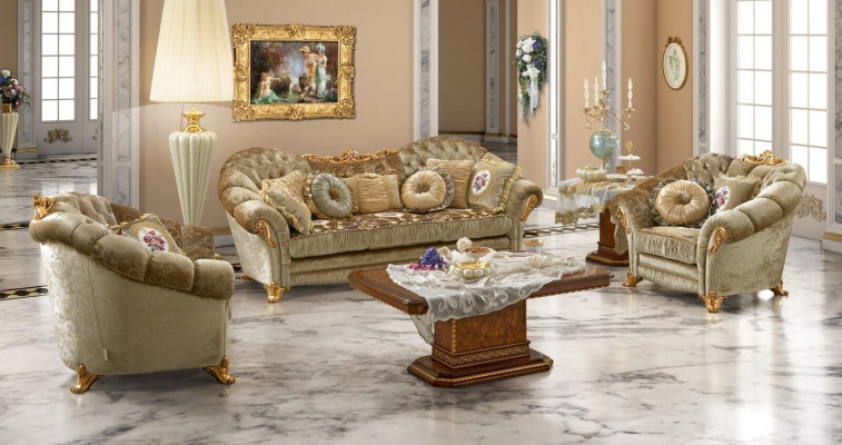 Meubles de luxe Canapé Canapé Sofa Baroque Rococo Tapisserie 3 + 1 + 1 Places Bois 3pcs