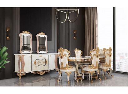 Ensemble de salle à manger de luxe 9 pièces. Table à manger + 6 chaises + Buffet avec miroir Blanc neuf