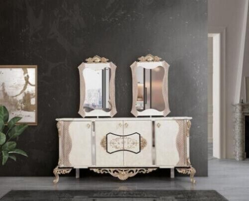 Ensemble de salle à manger de luxe 9 pièces. Table à manger + 6 chaises + Buffet avec miroir Blanc neuf