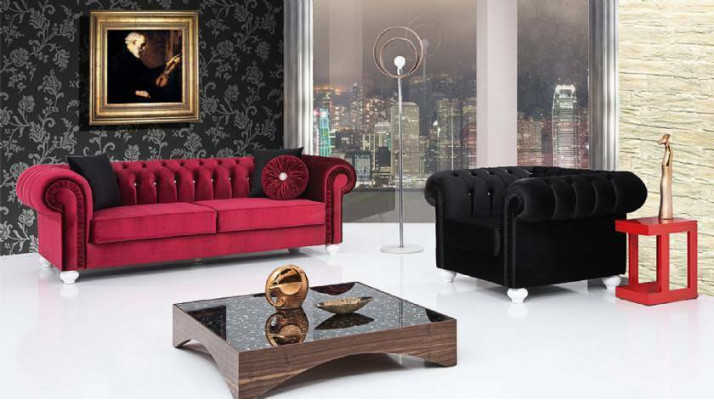 Ensemble de canapé 2 pièces 3+1 places Canapé en cuir Chesterfield Velours textile