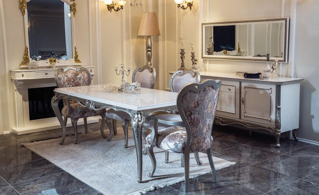 Buffet Blanc Argent Buffet Consoles Commode Style italien 2 pièces. Miroir