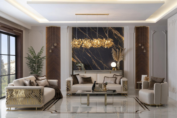 Ensemble de canapé de luxe 4 places + 3 places fauteuil table basse moderne 4 pièces. Design de l'ensemble