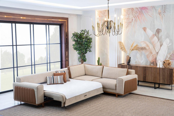 Canapé d'angle en L Salon Moderne Canapé de luxe Coin Beige