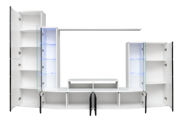 Ensemble de salon de luxe avec unité murale noire, vitrine, support TV en bois. Nouveau mobilier.