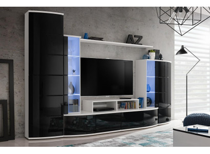 Ensemble de salon de luxe avec unité murale noire, vitrine, support TV en bois. Nouveau mobilier.