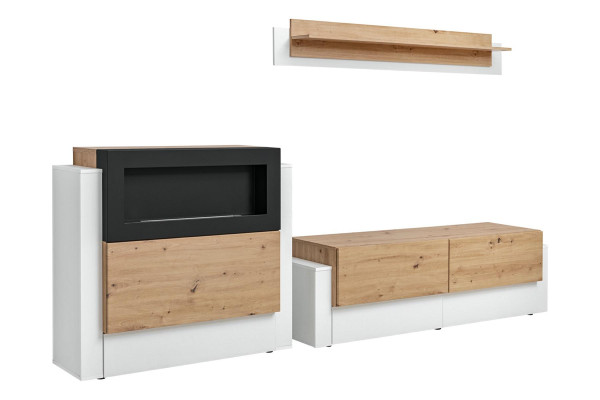 Designer White Wall unit Luxury Chest of drawers with Kamin Furnishings Living room furniture - Unité murale blanche de designer Luxueuse commode avec ameublement de cheminée Mobilier de salon