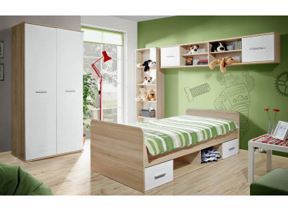 Chambre d'enfants Lit complet Armoire Bibliothèque Étagère murale Ensemble 5 pièces