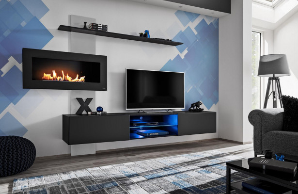 Mur noir avec unité murale et cheminée Salon Designer Mobilier Moderne Télé Stand