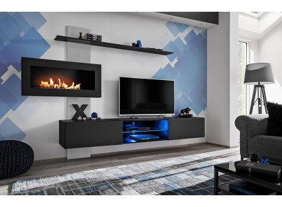 Mur noir avec unité murale et cheminée Salon Designer Mobilier Moderne Télé Stand