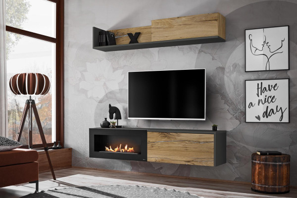 Meuble télé pour unité murale Salon Étagère Meuble TV avec Cheminée Moderne en Bois Marron