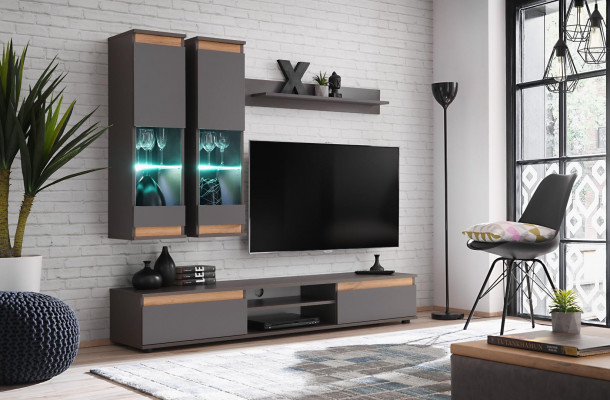 Unité murale de luxe avec support TV en bois, designeur de salon gris, meuble mural de rangement.