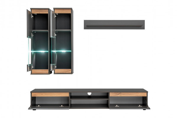 Unité murale de luxe avec support TV en bois, designeur de salon gris, meuble mural de rangement.