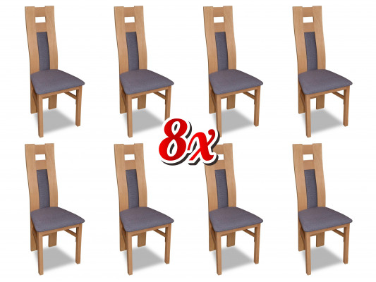 Suite complète de 8 chaises de designer pour salle à manger, dossier incliné, siège rembourré, tissu pour chaises.
