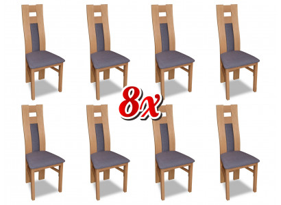 Suite complète de 8 chaises de designer pour salle à manger, dossier incliné, siège rembourré, tissu pour chaises.