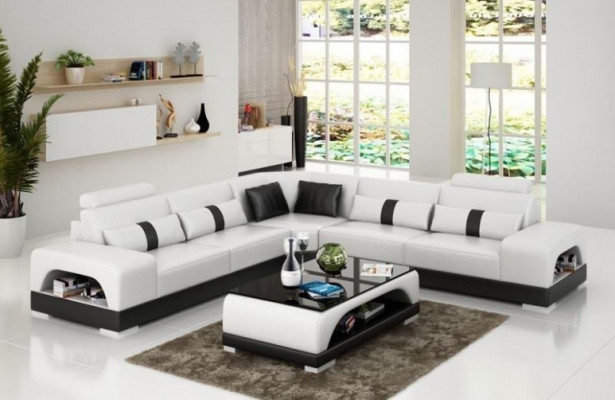Canapé d'angle avec USB, canapé d'angle Living landscape, suite d'angle en cuir et textile Sandber.