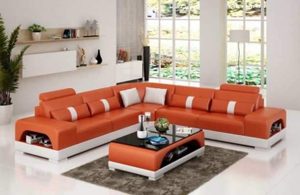 Canapé d'angle avec USB, canapé d'angle Living landscape, suite d'angle en cuir et textile Sandber.