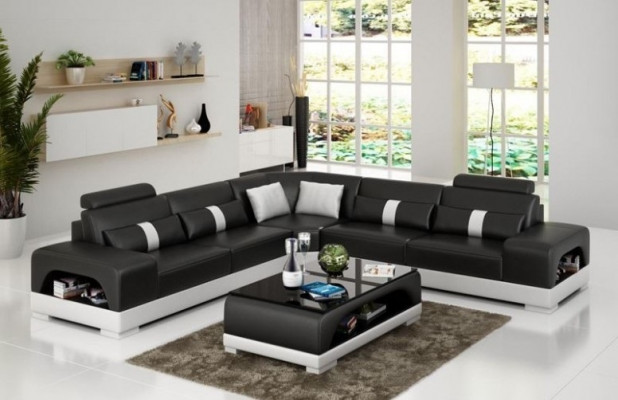 Canapé d'angle avec USB, canapé d'angle Living landscape, suite d'angle en cuir et textile Sandber.