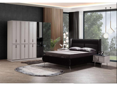 Meubles de chambre à coucher modernes en noir et blanc Lit rembourré Tables de chevet 4 pièces