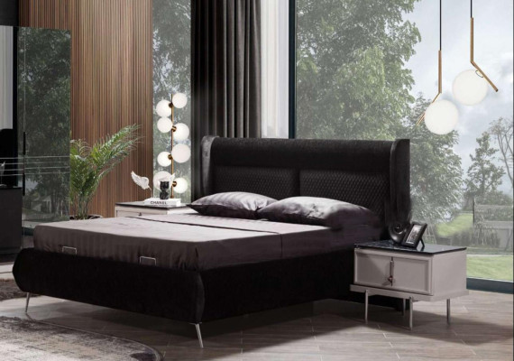 Meubles de chambre à coucher modernes en noir et blanc Lit rembourré Tables de chevet 4 pièces