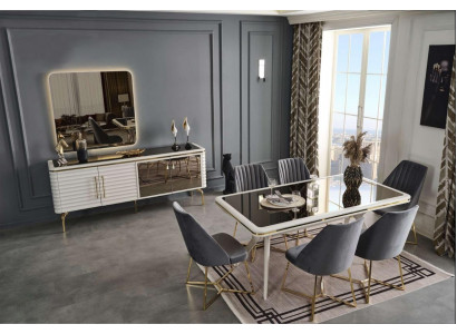 Blanc - Gris Salle à manger Ensemble Table en bois 6 chaises en textile Buffet 9 pièces